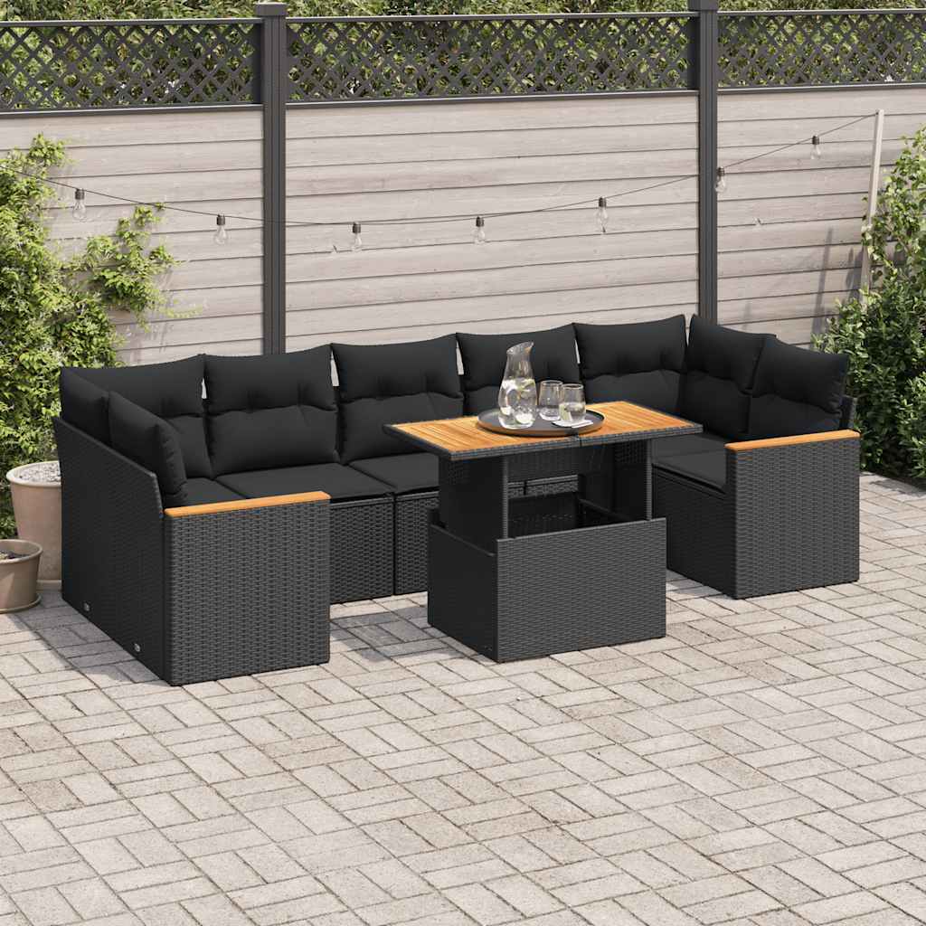 vidaXL 8-Piece Poly Rattan Lounge Set with Cushions Black