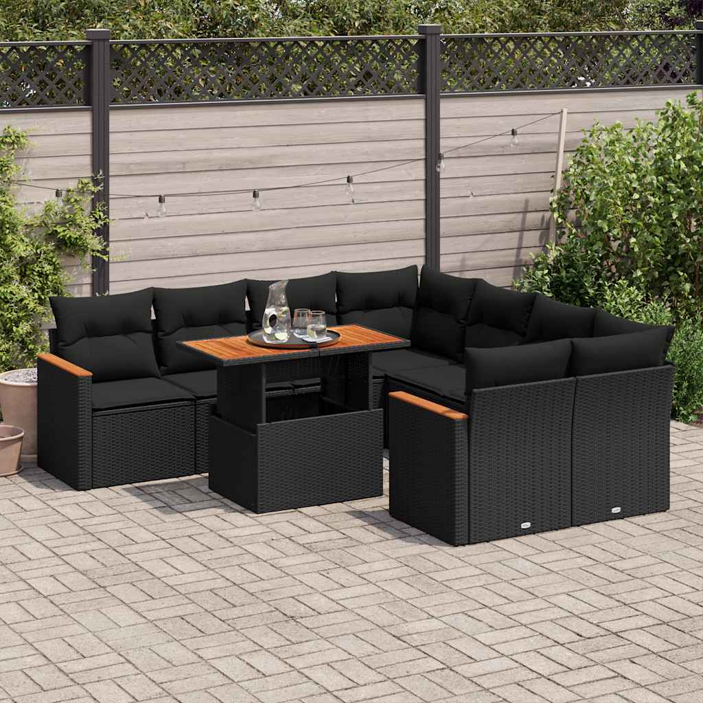 vidaXL 9-delige Loungeset met kussens poly rattan zwart
