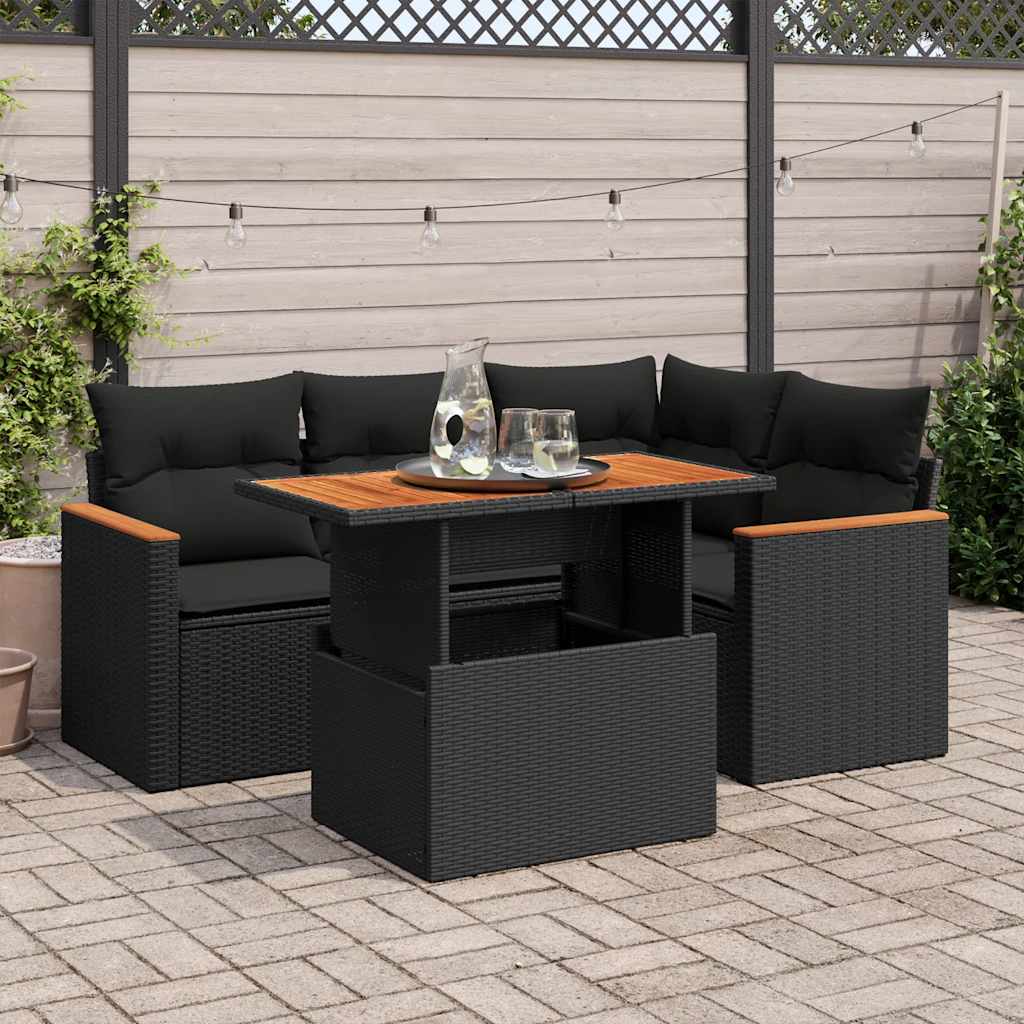 vidaXL 5-delige Loungeset met kussens poly rattan zwart