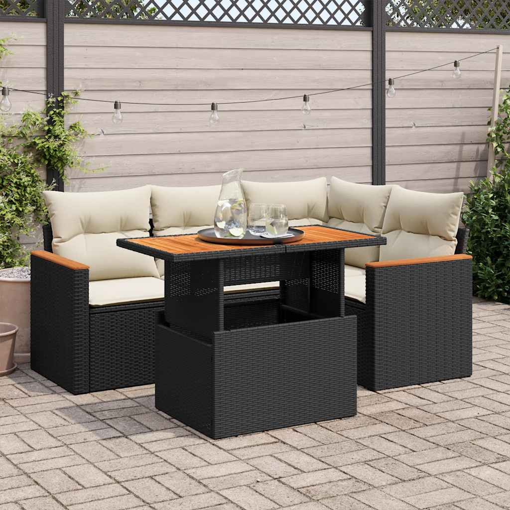 vidaXL 5-delige Loungeset met kussens poly rattan zwart