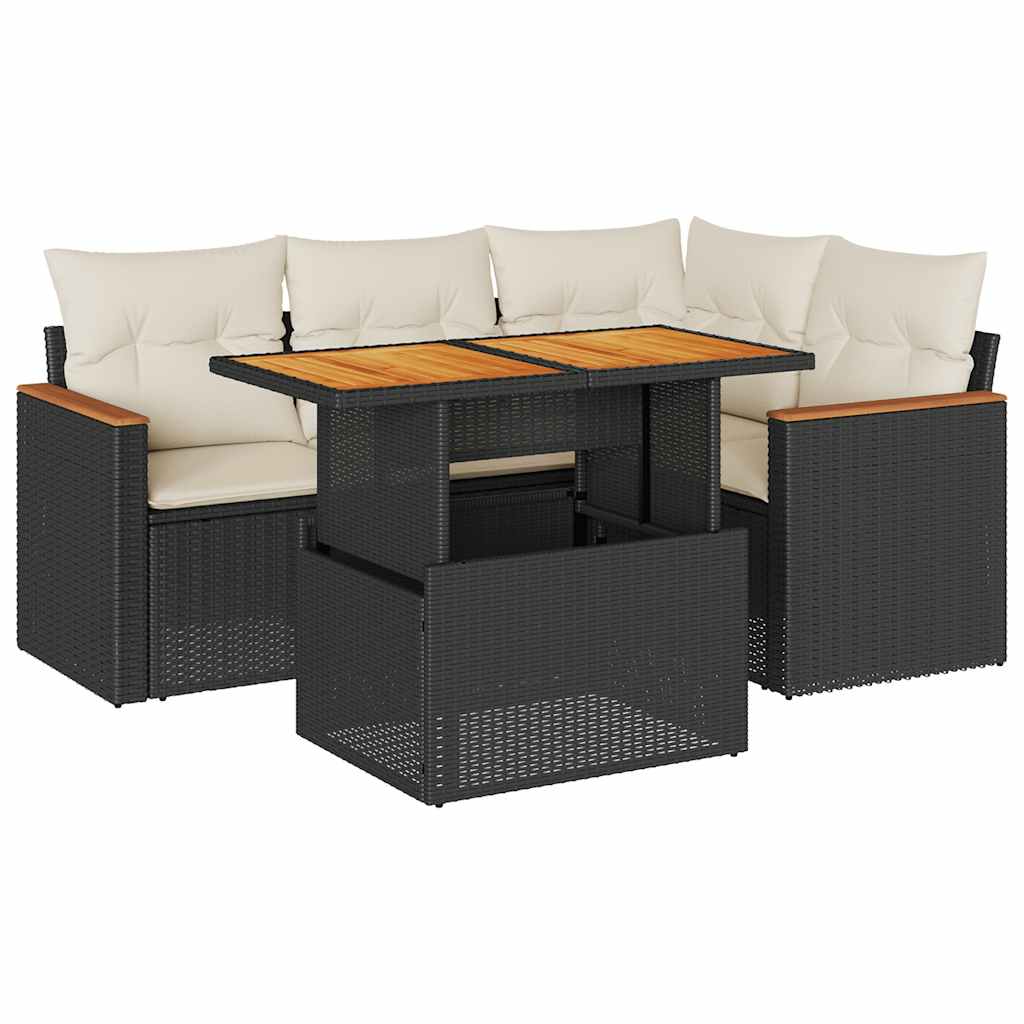 vidaXL 5-delige Loungeset met kussens poly rattan zwart