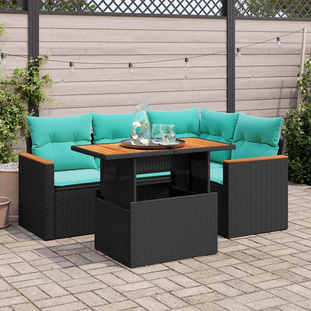 vidaXL 5-delige Loungeset met kussens poly rattan zwart