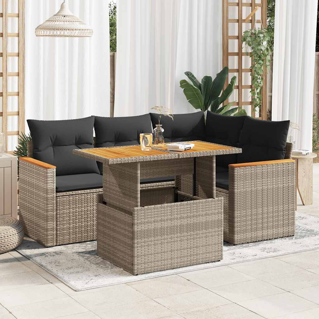 vidaXL 5-delige Loungeset met kussens poly rattan zwart