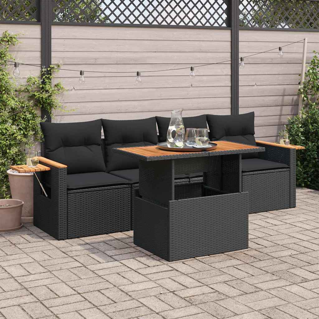 vidaXL 5-piece Lounge Set with Cushions Poly Rattan Black