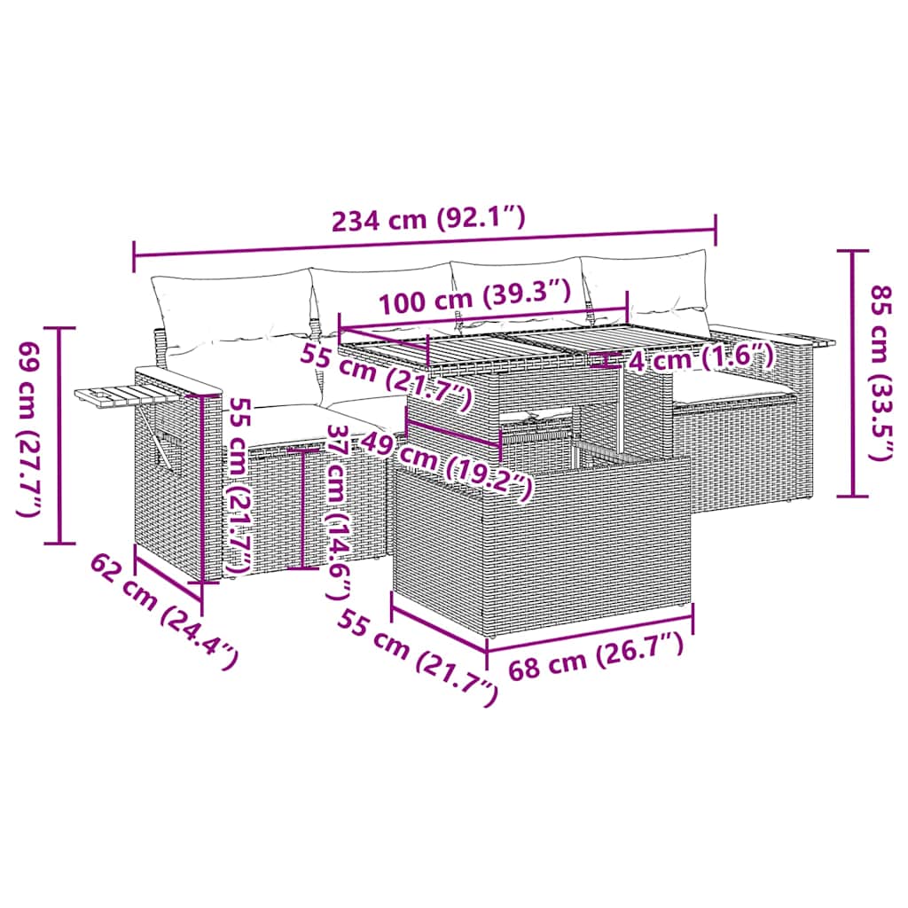 vidaXL 5-delige Loungeset met kussens poly rattan zwart