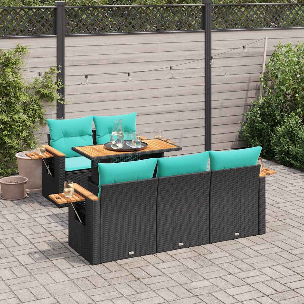 vidaXL 6-delige Loungeset met kussens poly rattan zwart