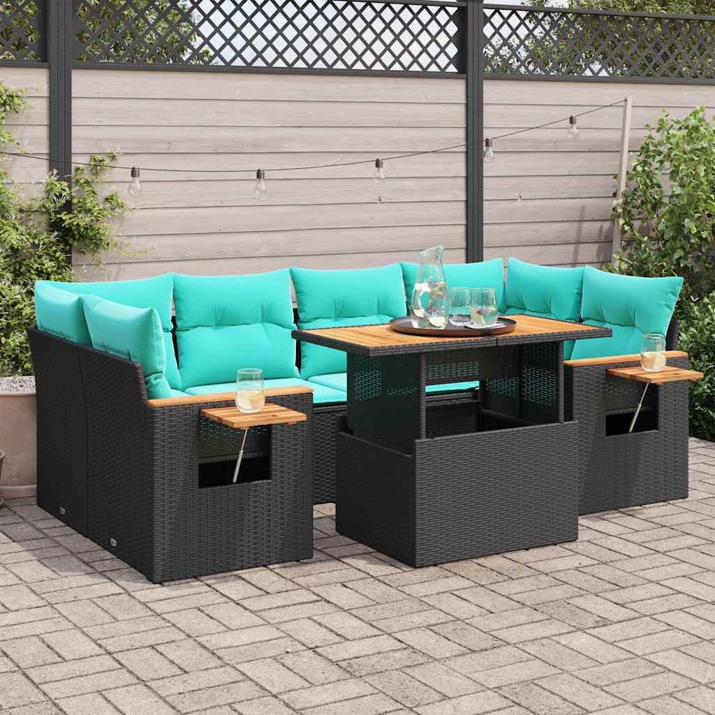 vidaXL 7-Piece Lounge Set with Cushions Poly Rattan Black