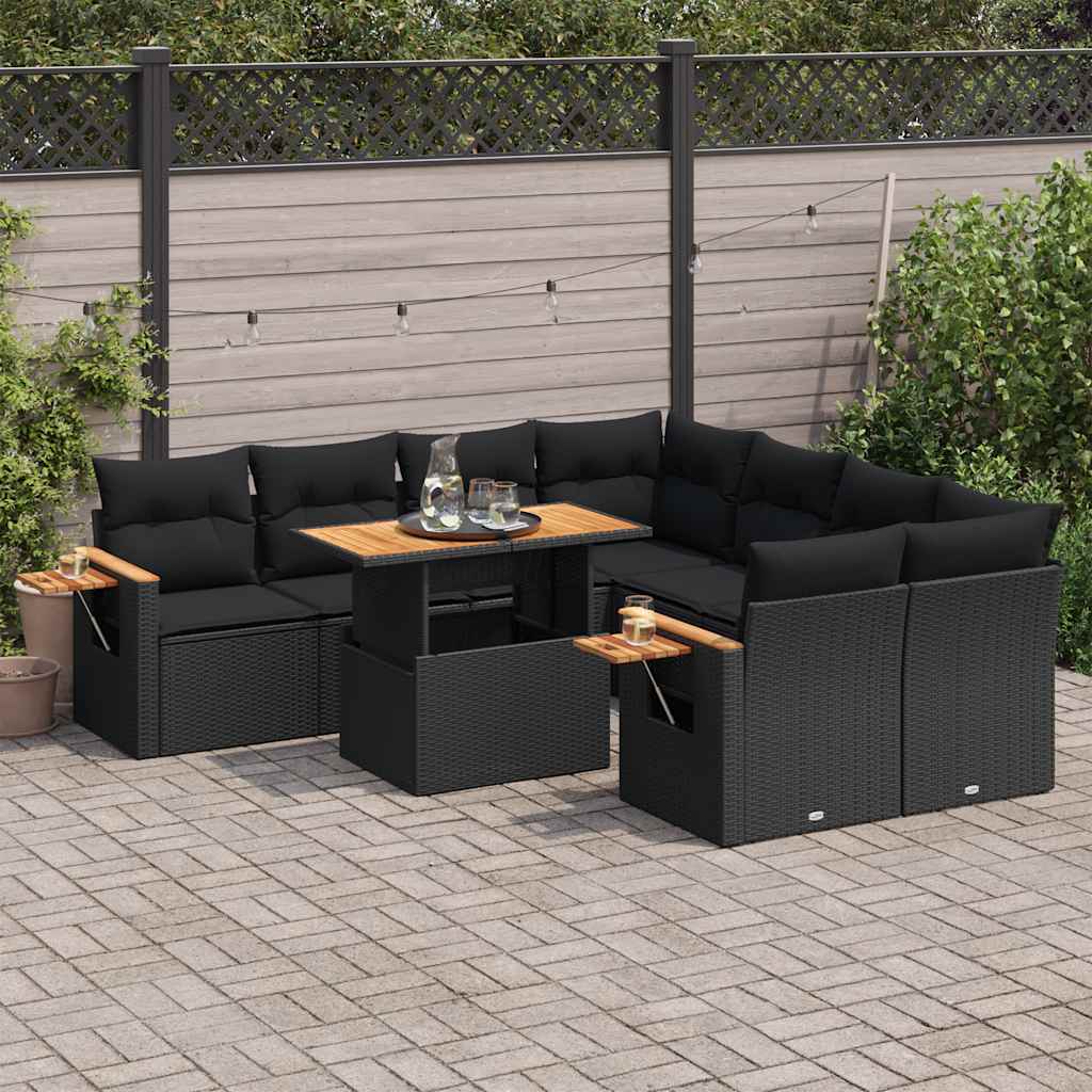vidaXL 9-delige Loungeset met kussens poly rattan zwart
