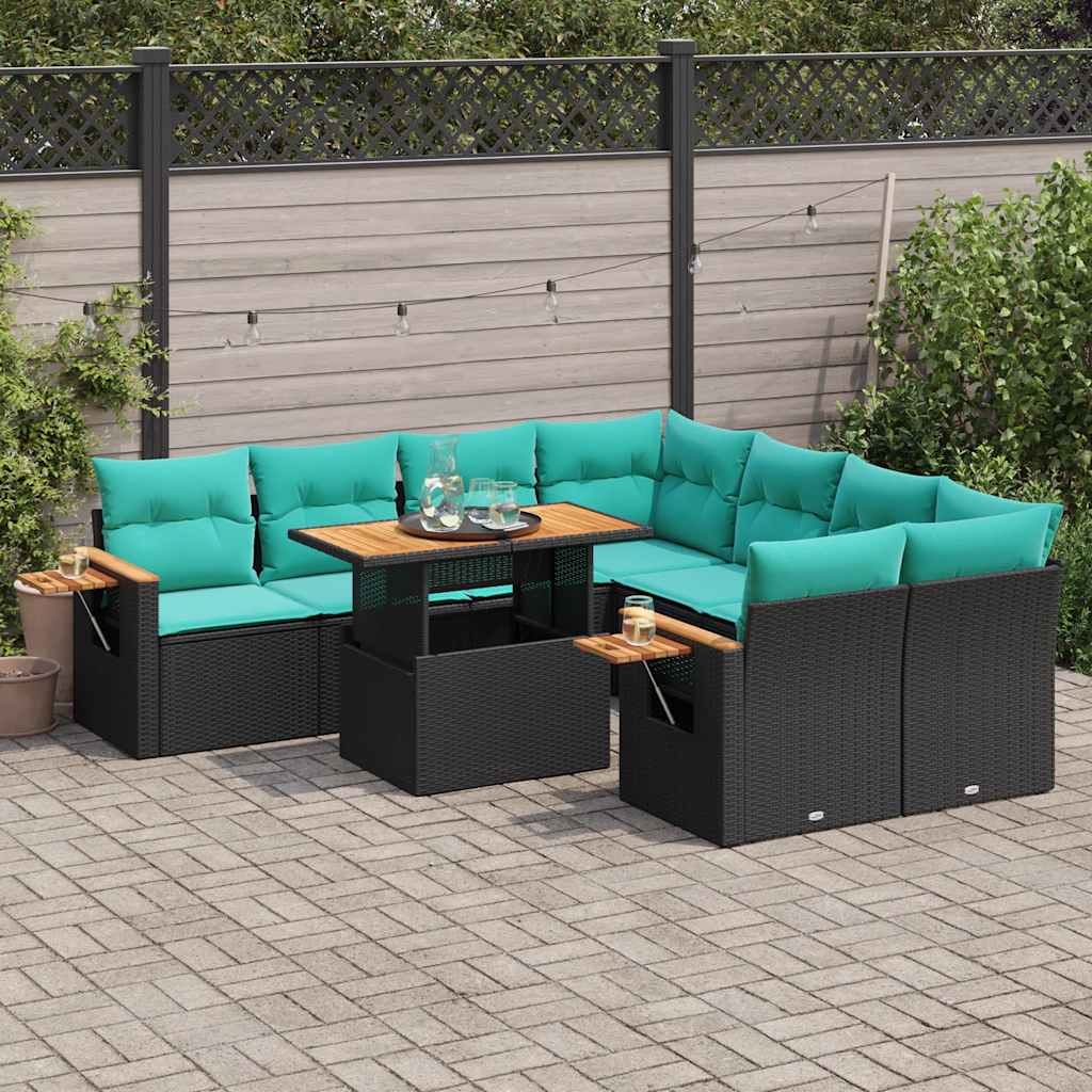 vidaXL 9-delige Loungeset met kussens poly rattan zwart