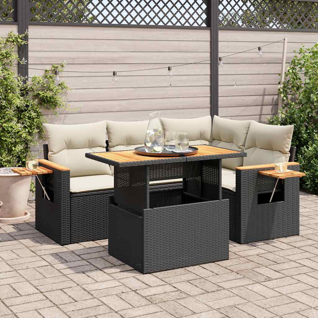 vidaXL 5-piece Lounge Set with Cushions Poly Rattan Black