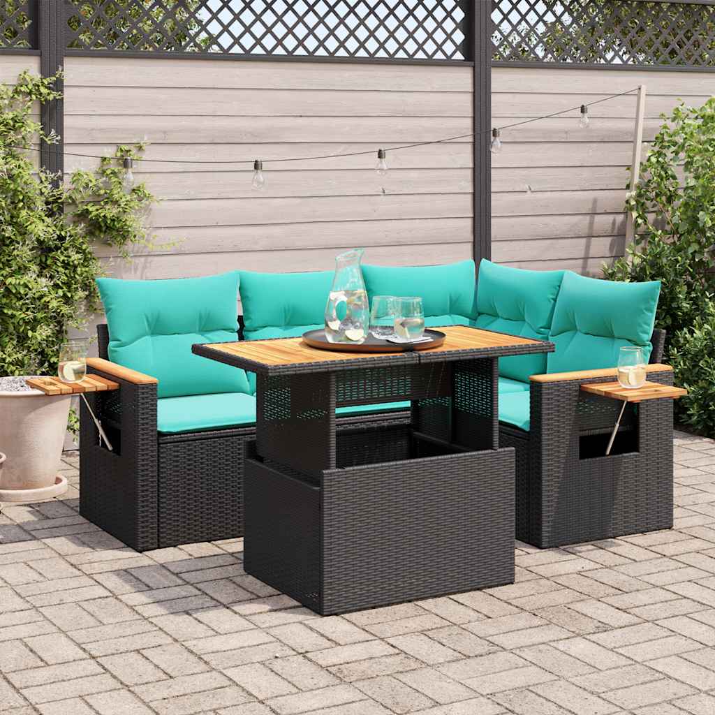 vidaXL 5-delige Loungeset met kussens poly rattan acacia zwart