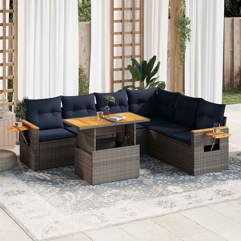 vidaXL 7-delige Loungeset met kussens poly rattan acacia zwart