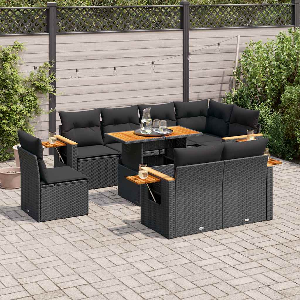 vidaXL 9-piece Poly Rattan Lounge Set with Cushions Black