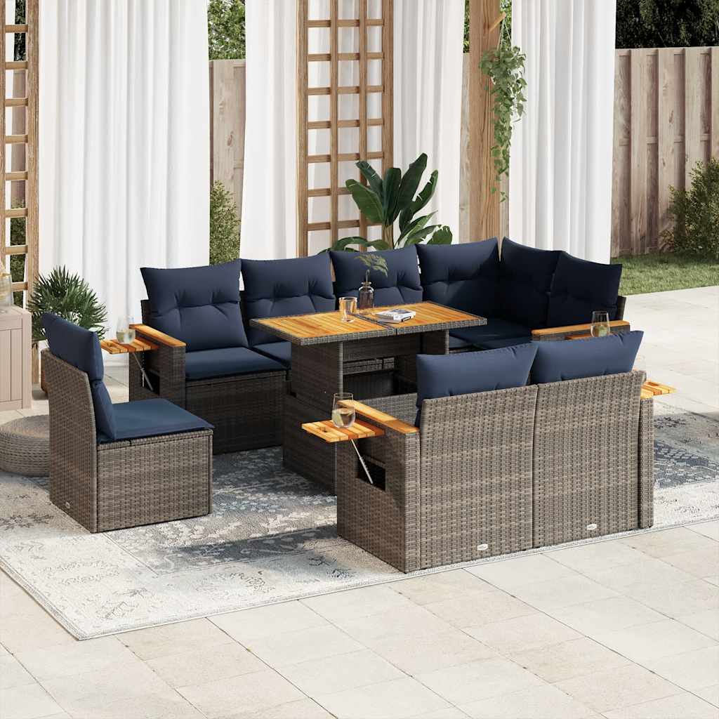 vidaXL 9-delige Loungeset met kussens poly rattan acacia zwart