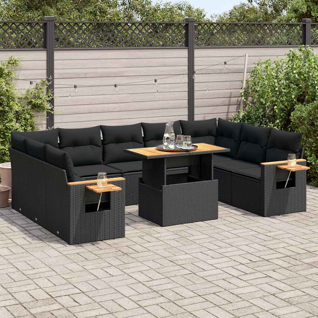 vidaXL 10-delige Loungeset met kussens poly rattan zwart