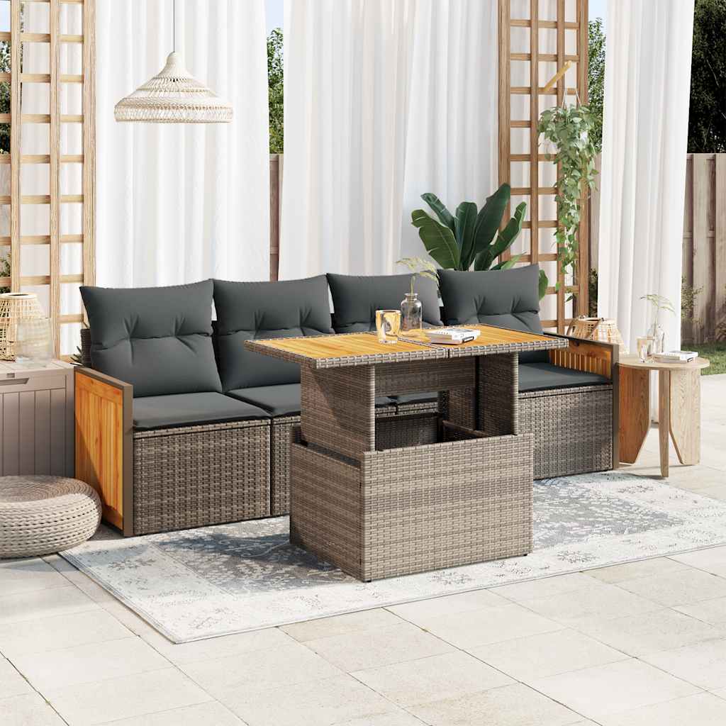 vidaXL 5-delige Loungeset met kussens poly rattan zwart