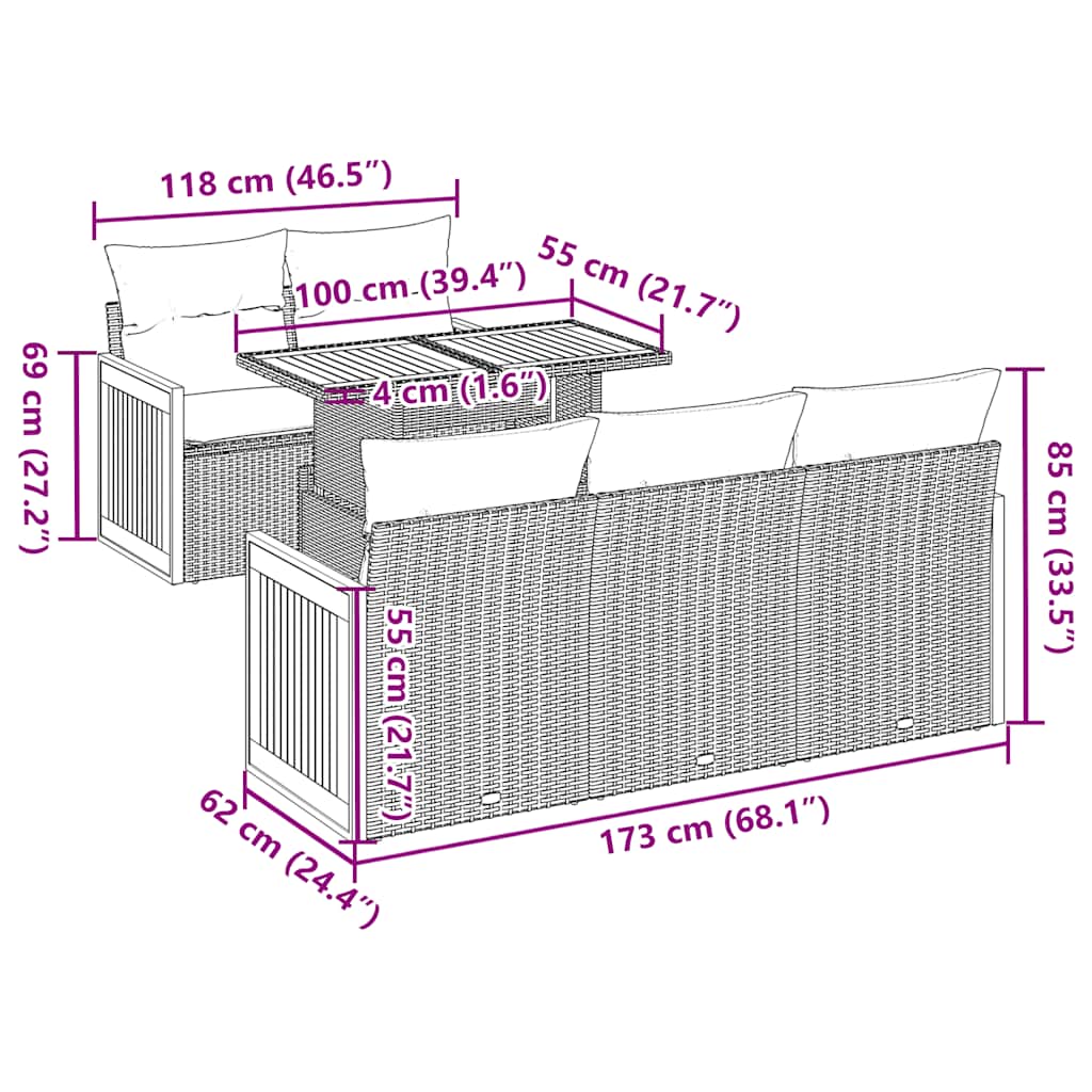 vidaXL 6-delige Loungeset met kussens poly rattan acacia zwart