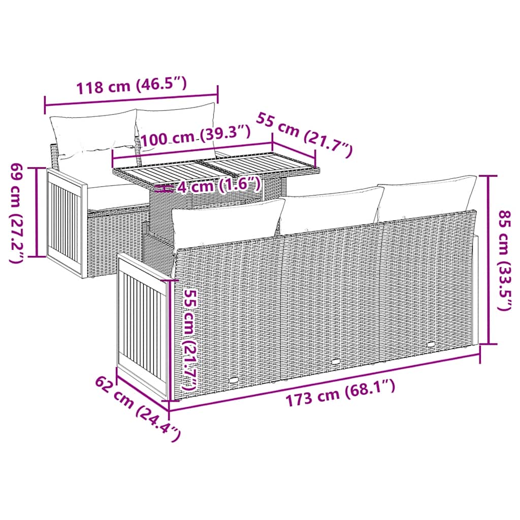 vidaXL 6-delige tuinbankset met kussens, zwart polyrotan en acacia