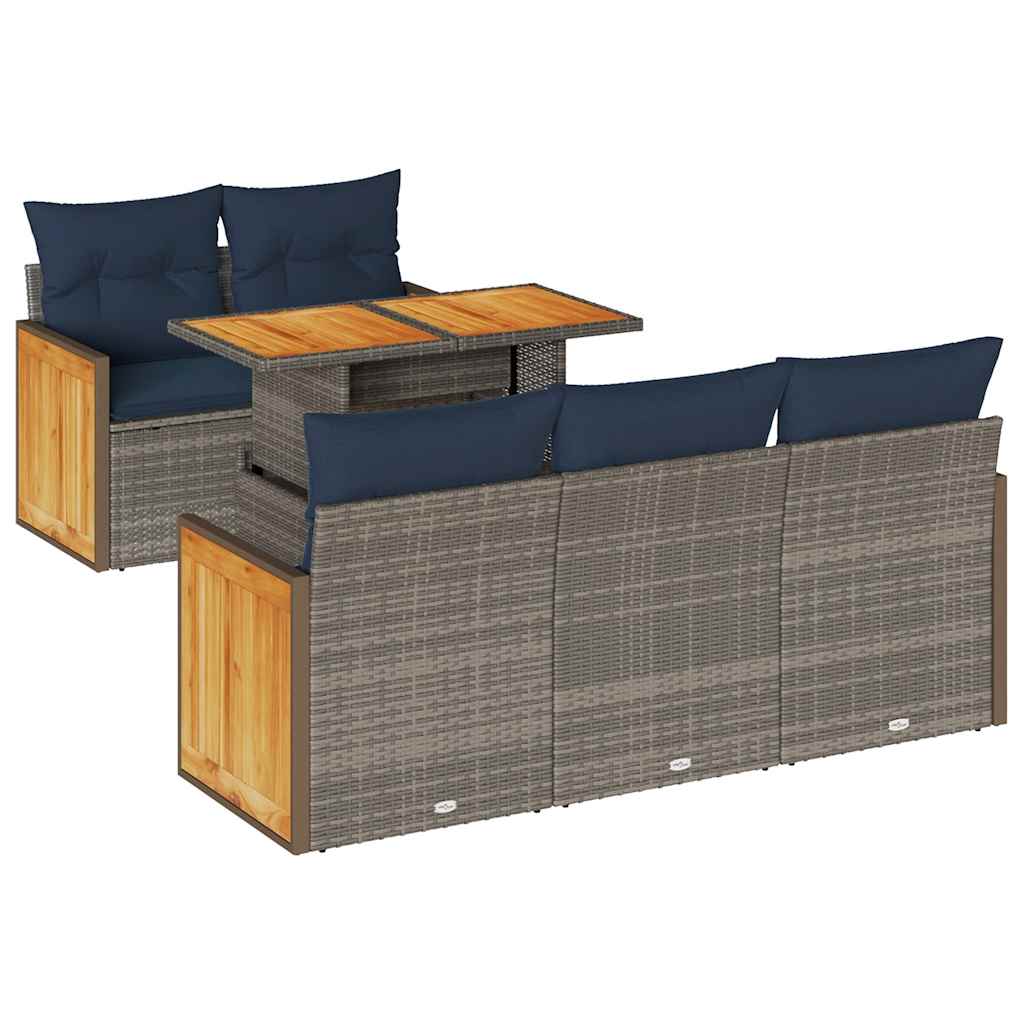 vidaXL 6-delige tuinbankset met kussens, zwart polyrotan en acacia