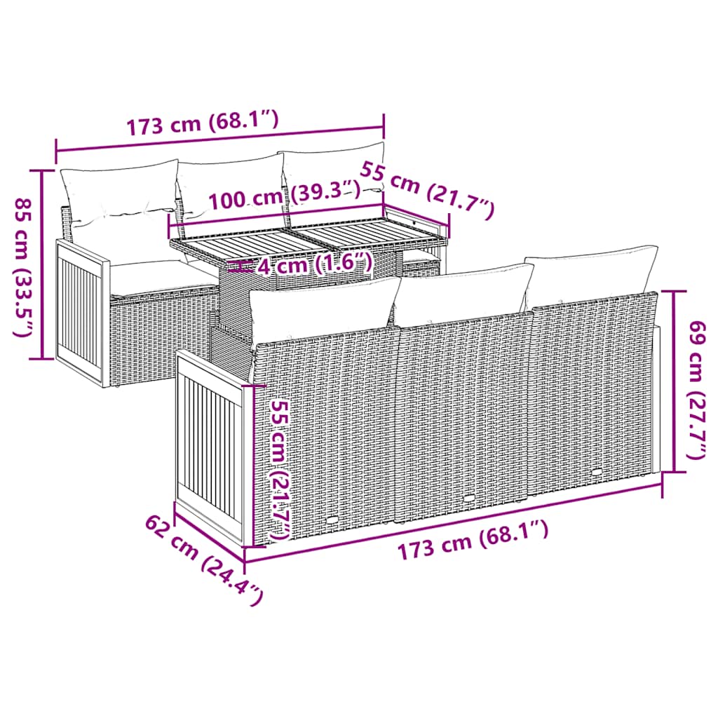 vidaXL 7-delige Loungeset met kussens poly rattan acacia zwart