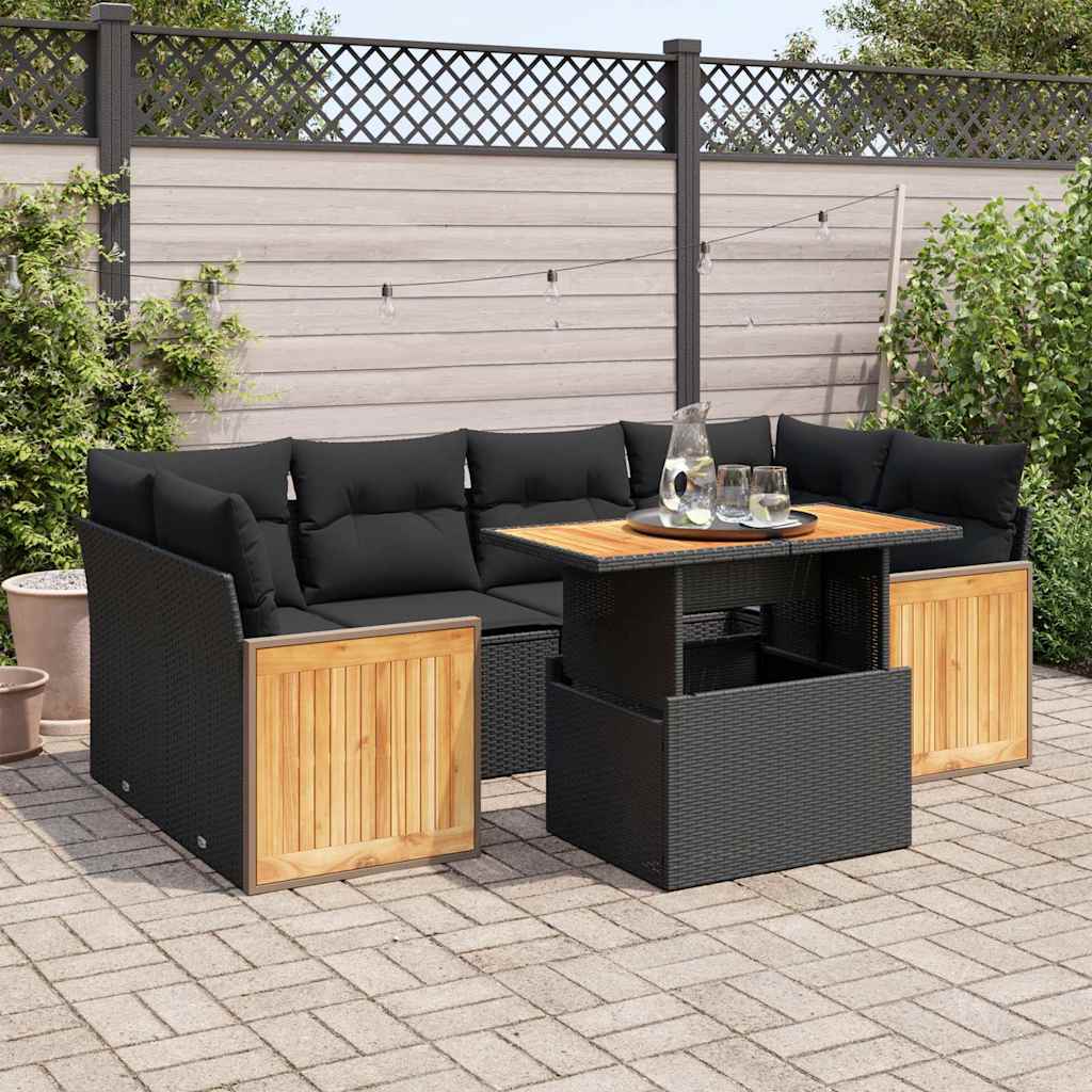 vidaXL 7-Piece Lounge Set with Cushions Poly Rattan Black
