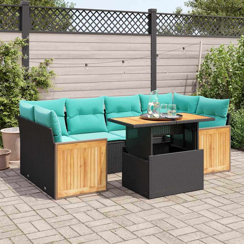 vidaXL 7-delige Loungeset met kussens poly rattan acacia zwart