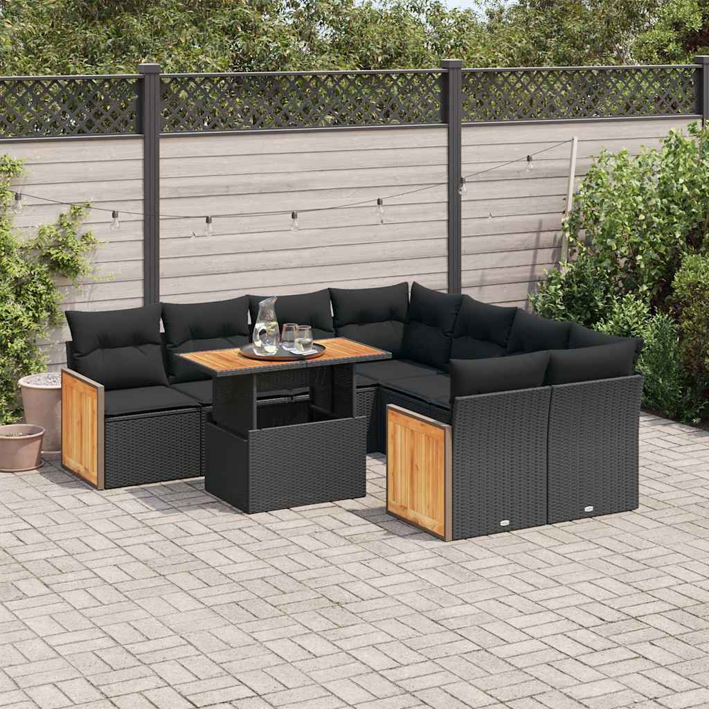 vidaXL 9-delige Loungeset met kussens poly rattan zwart