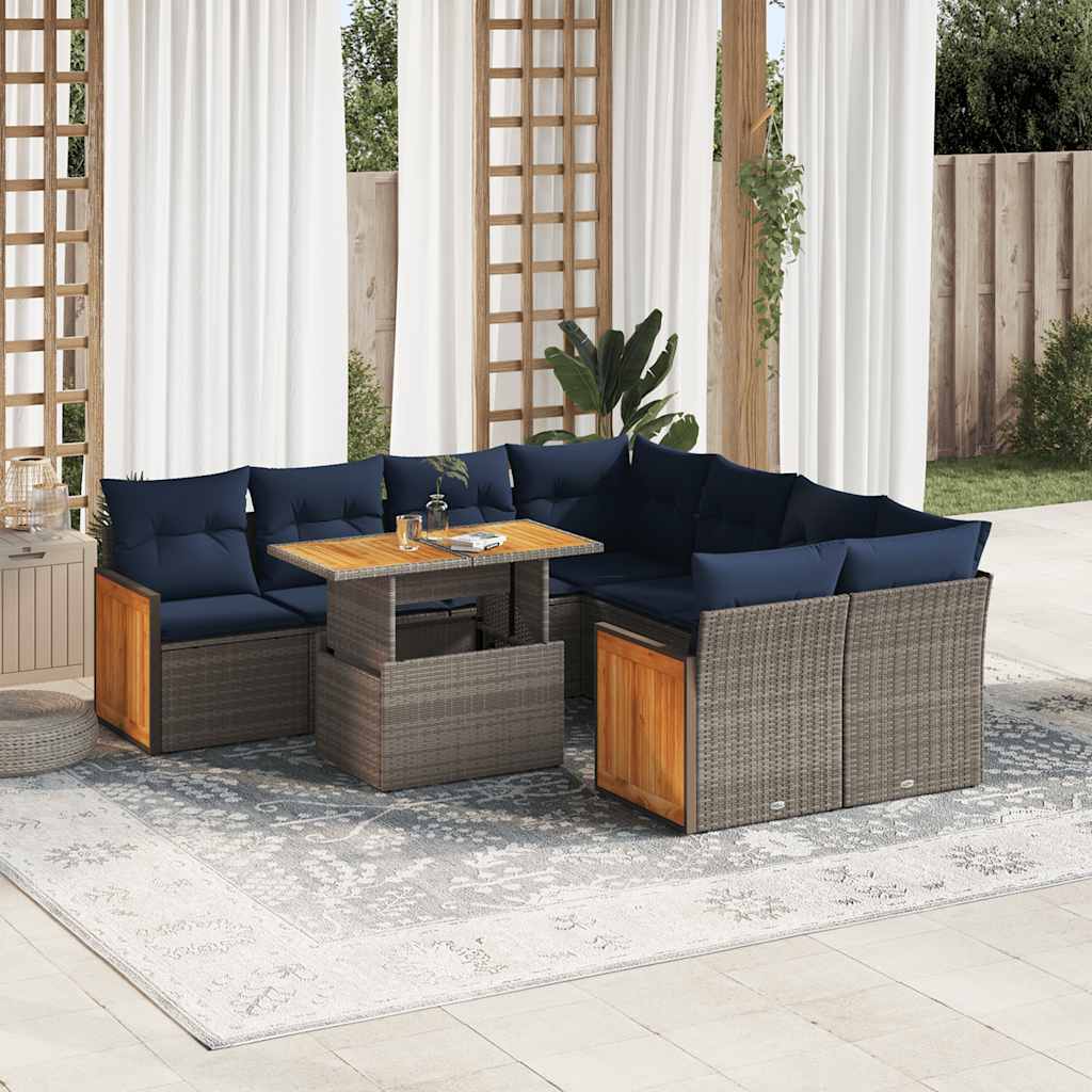 vidaXL 9-delige Loungeset met kussens poly rattan acacia zwart
