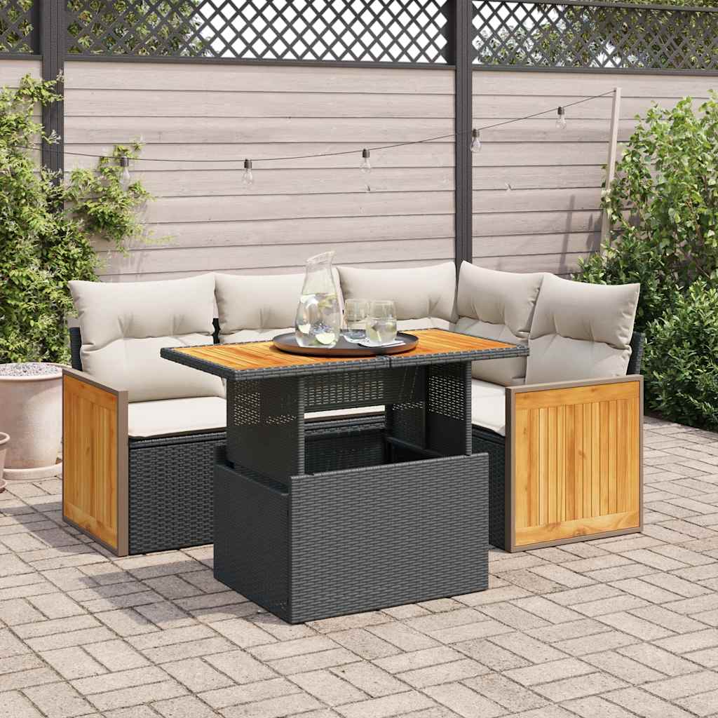 vidaXL 5-delige Loungeset met kussens poly rattan zwart