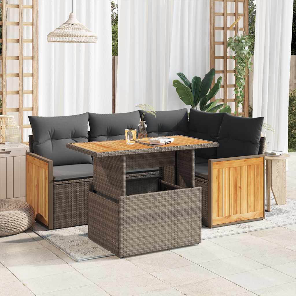 vidaXL 5-delige Loungeset met kussens poly rattan zwart