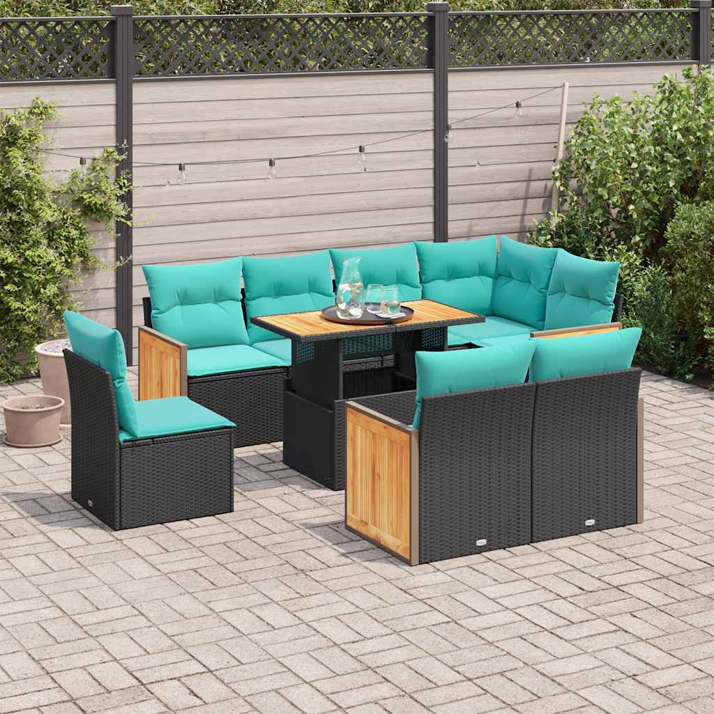 vidaXL 9-piece Lounge Set with Cushions Poly Rattan Acacia Black