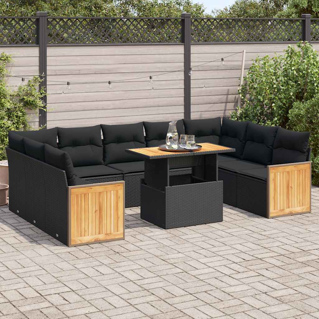 vidaXL 10-delige Loungeset met kussens poly rattan zwart
