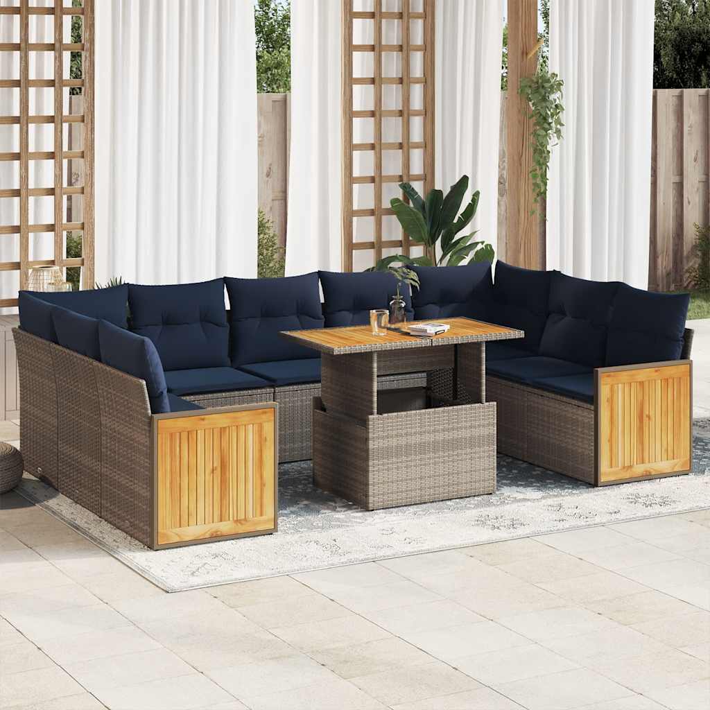 vidaXL 10-delige Loungeset met kussens poly rattan acacia zwart
