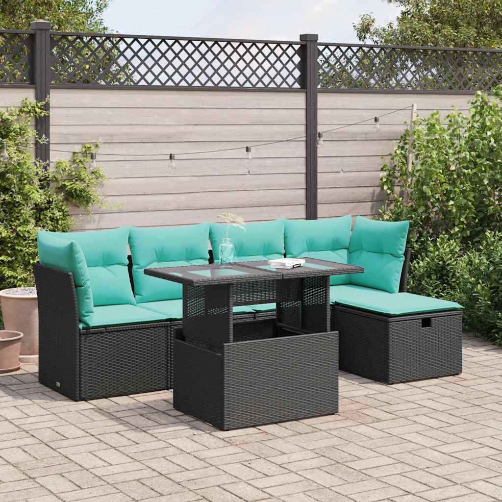 vidaXL 6-Piece Garden Sofa Set with Cushions Black Poly Rattan