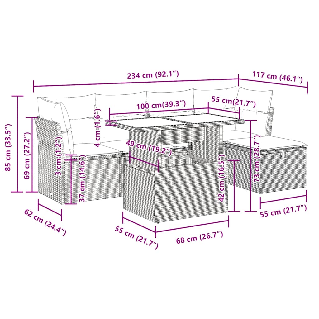 vidaXL 6-Piece Garden Sofa Set with Cushions Black Poly Rattan