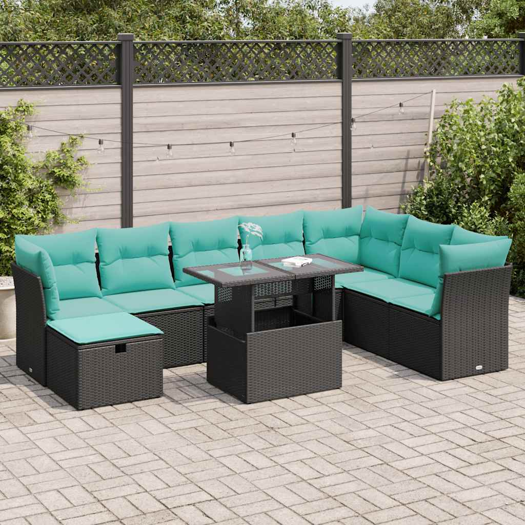 vidaXL 9-delige tuinbankset met kussens van zwart polyrotan