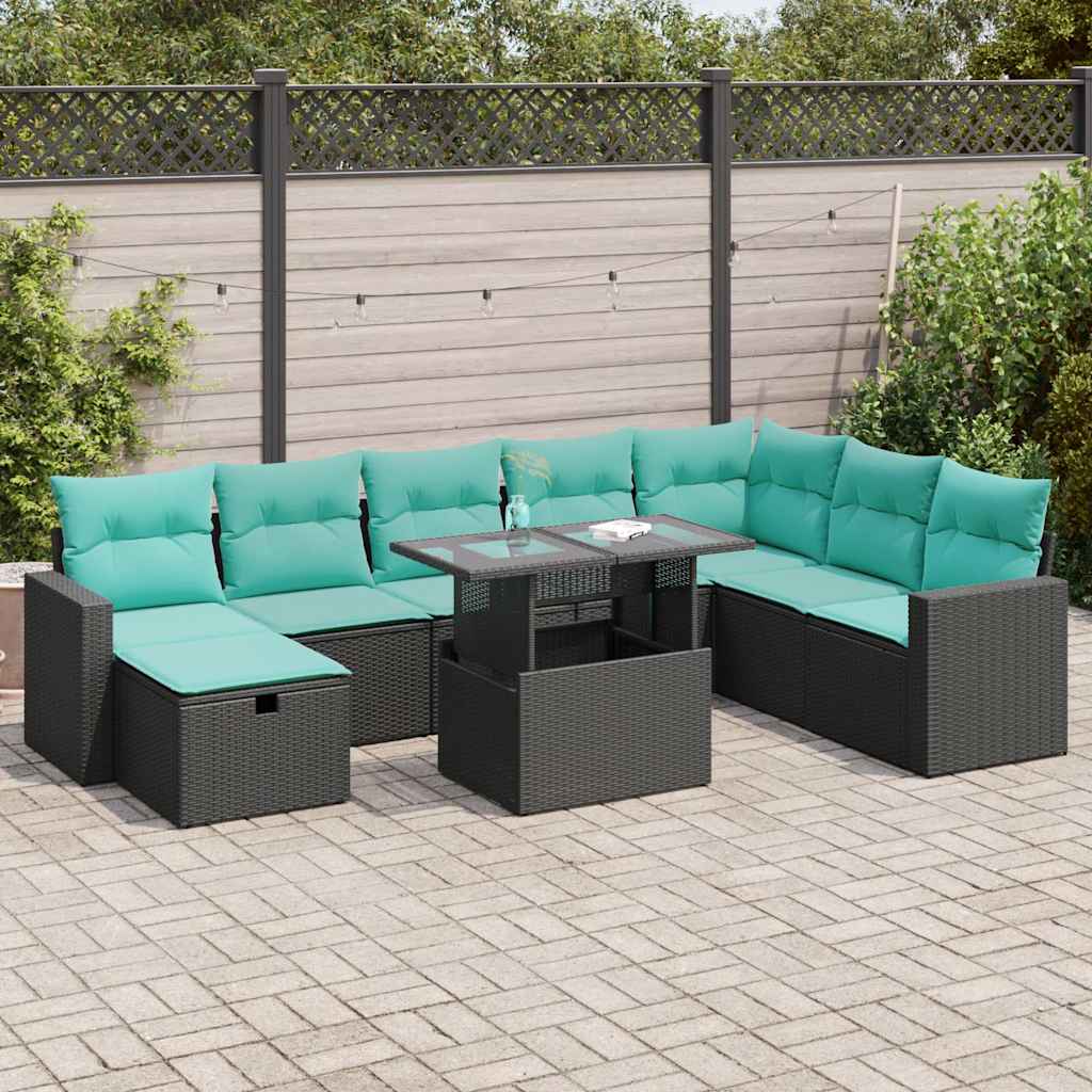 vidaXL 9-delige tuinbankset met kussens van zwart polyrotan