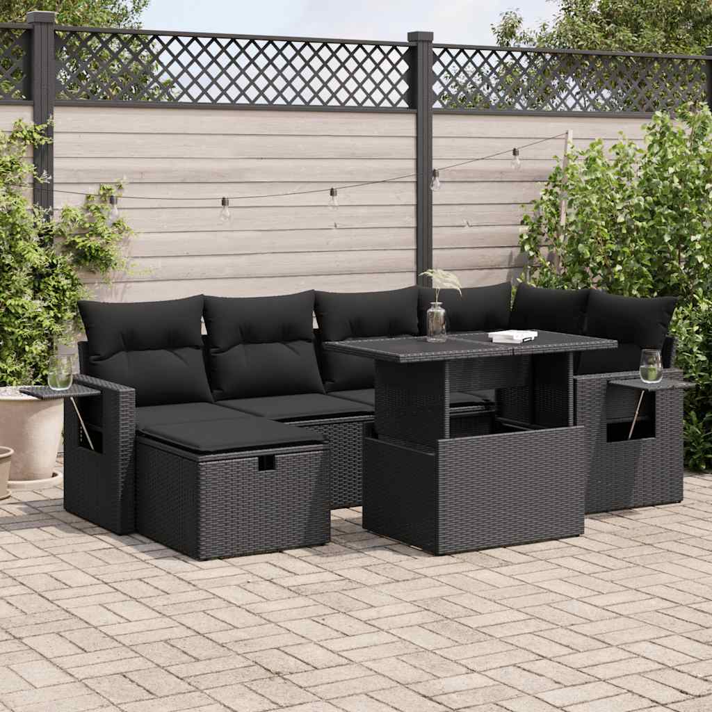 vidaXL 7-Piece Lounge Set with Cushions Poly Rattan Black
