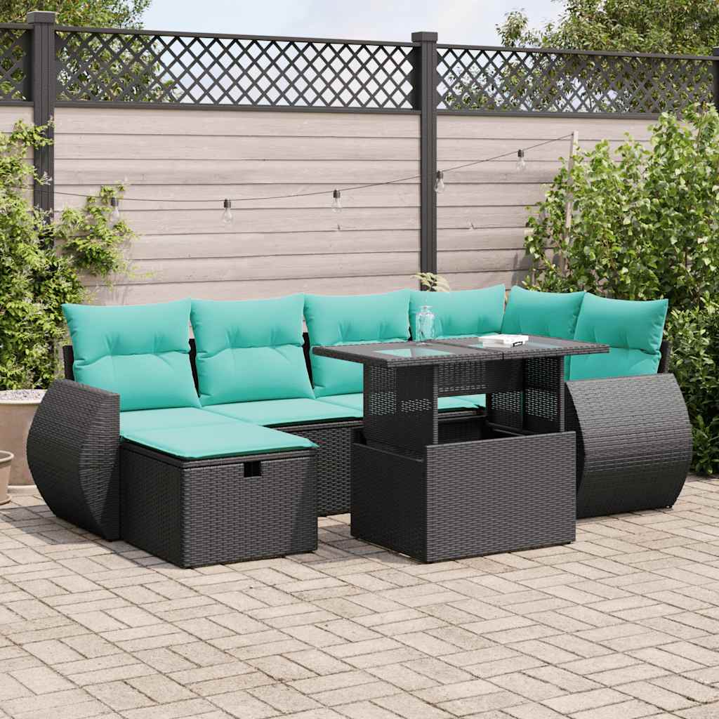 vidaXL 7-delige tuinbankset met kussens van zwart polyrotan
