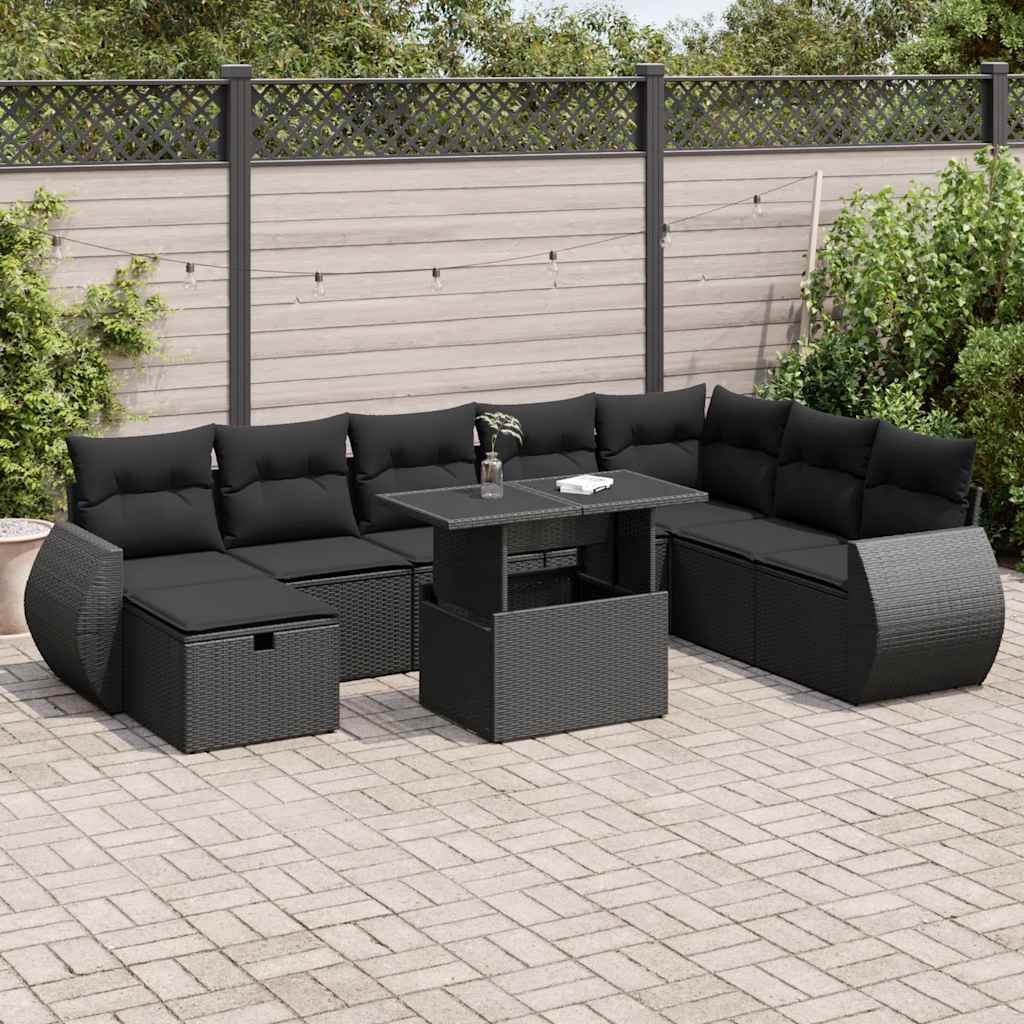 vidaXL 9-delige Loungeset met kussens poly rattan zwart