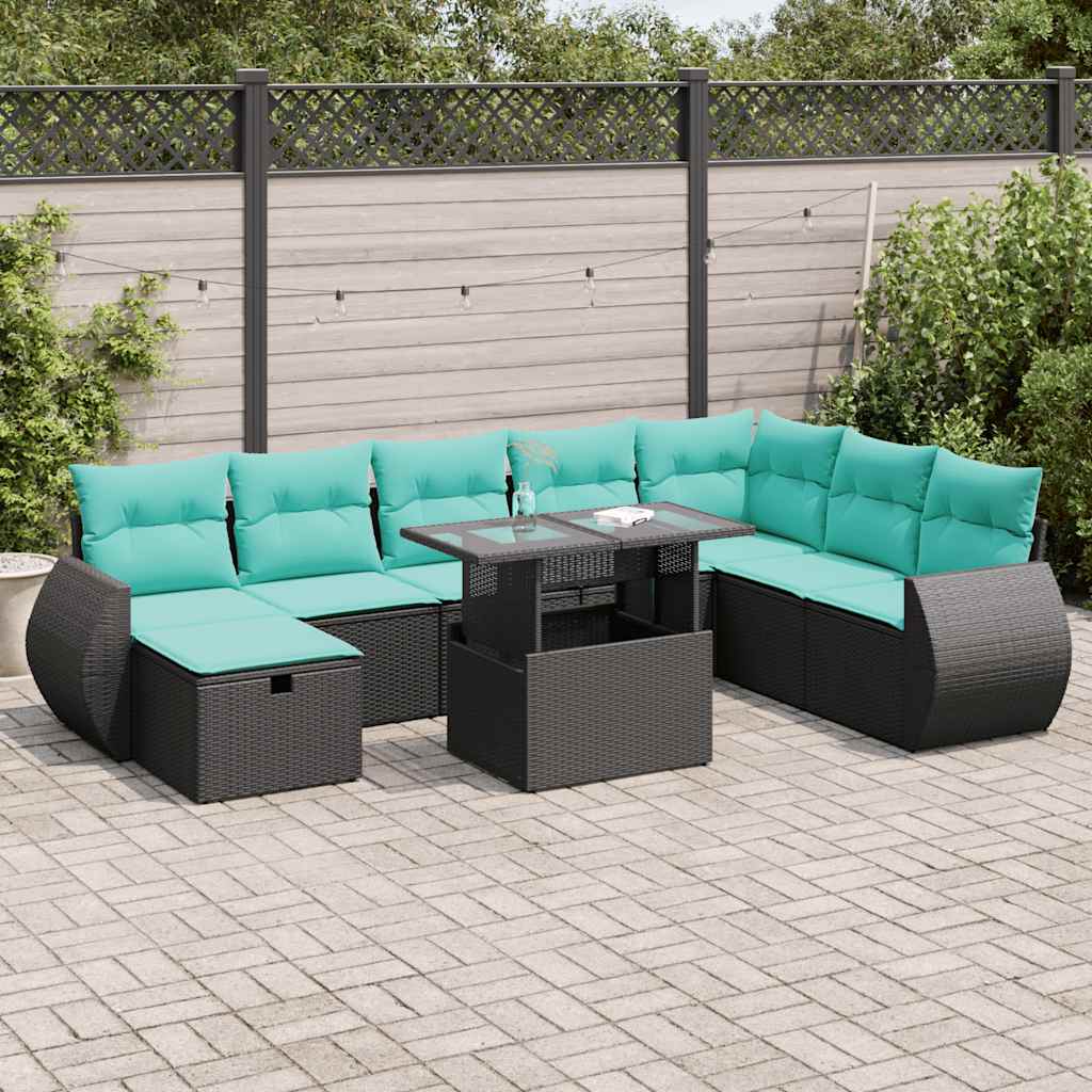 vidaXL 9-delige tuinbankset met kussens van zwart polyrotan