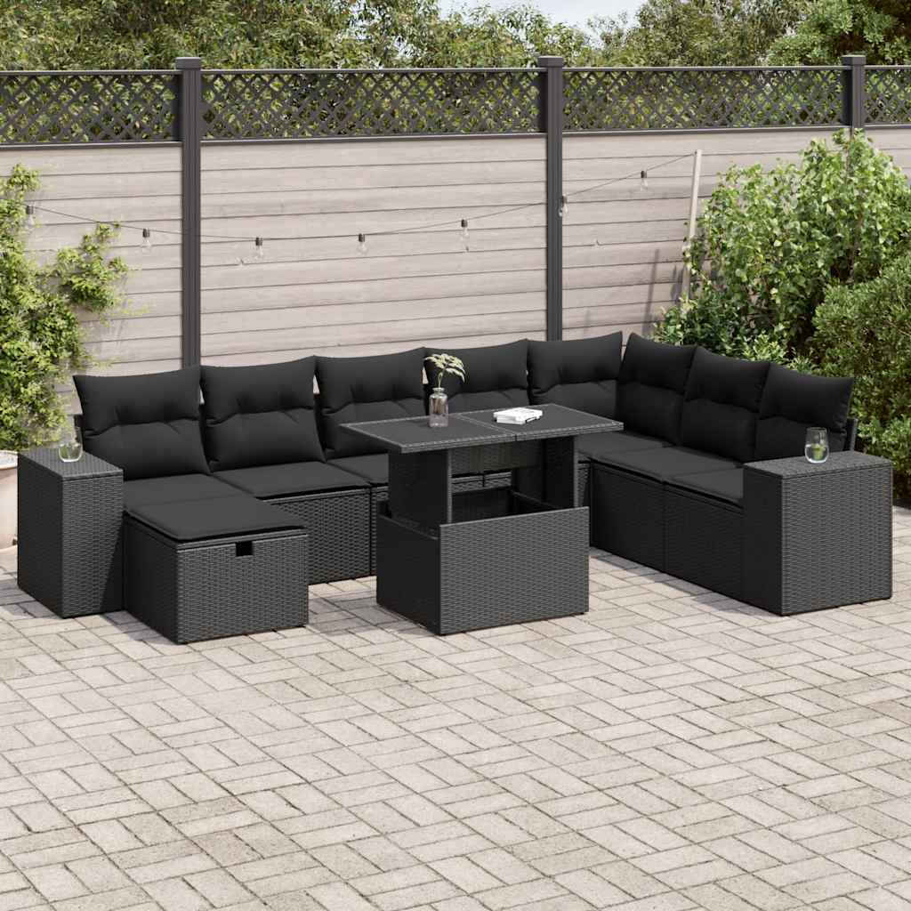 vidaXL 9-piece Poly Rattan Lounge Set with Cushions Black