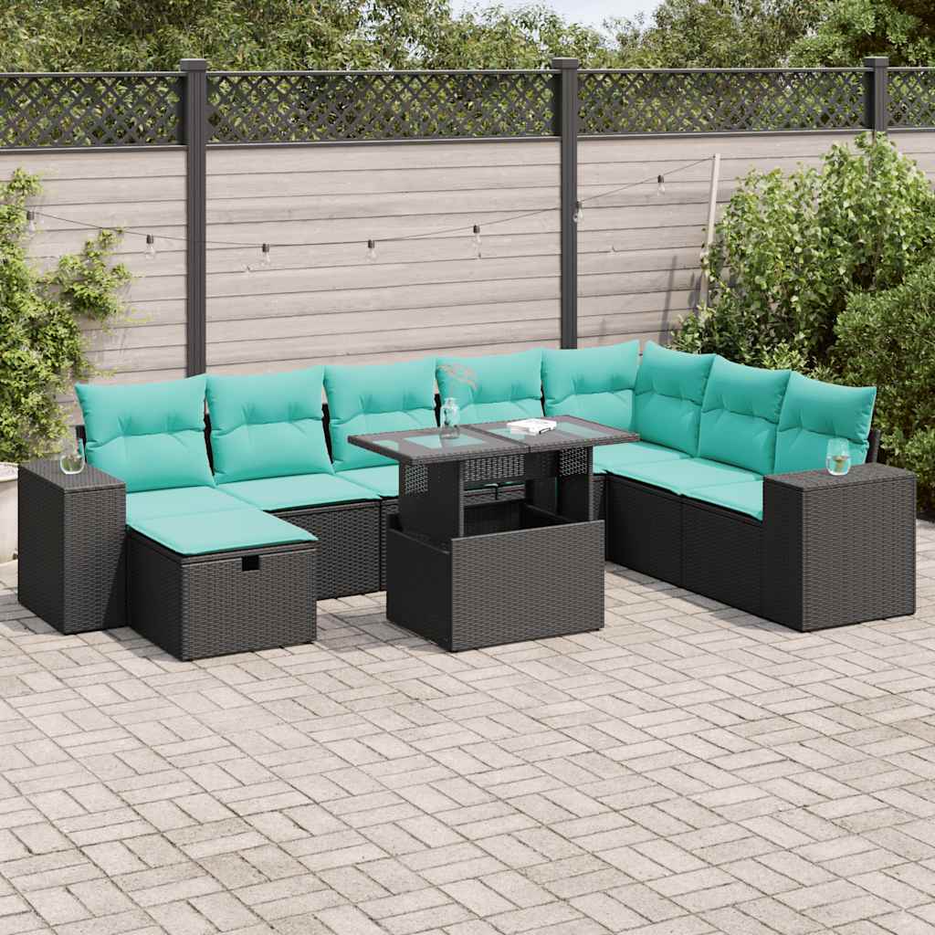 vidaXL 9-delige tuinbankset met kussens van zwart polyrotan