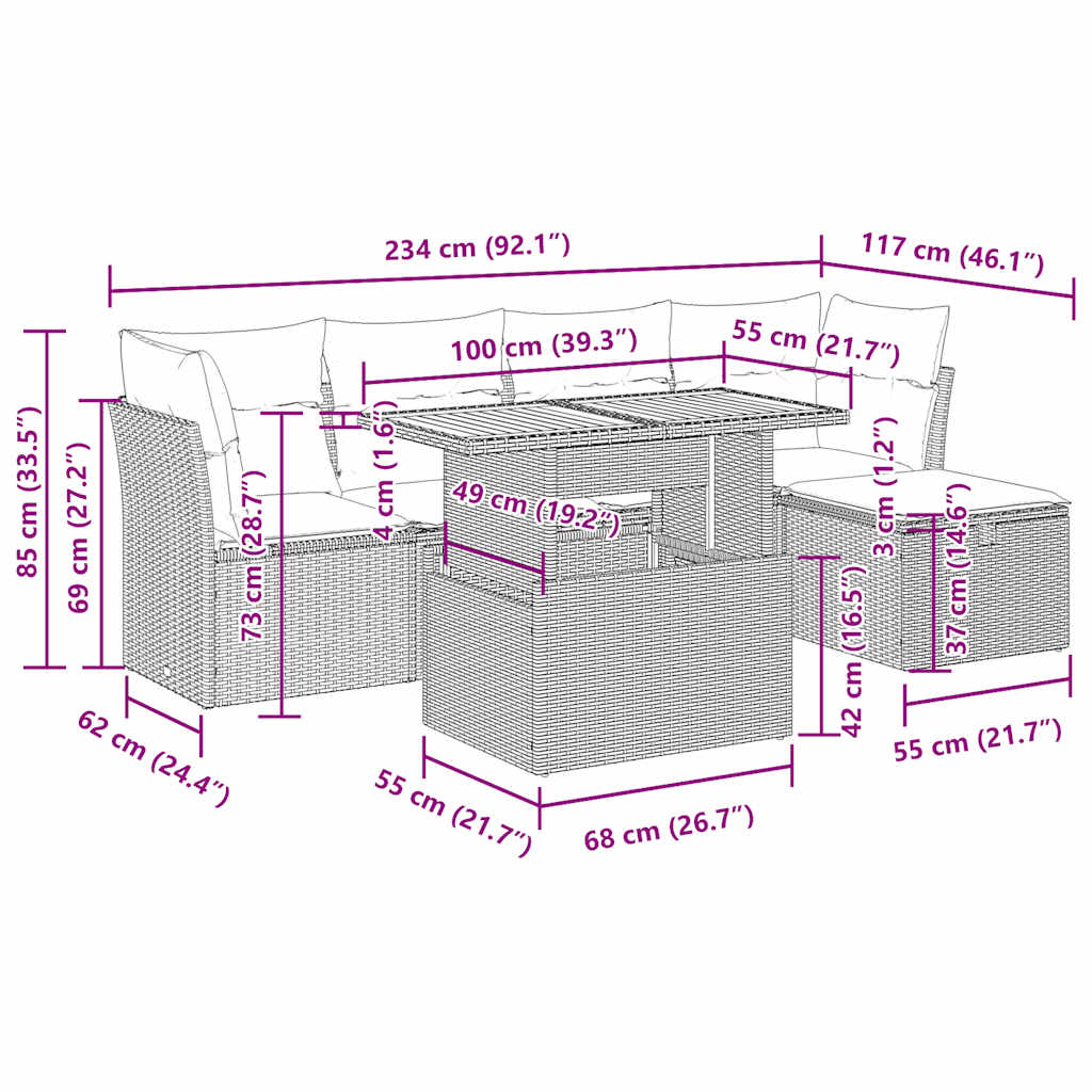 vidaXL 6-delige Loungeset met kussens poly rattan acacia zwart