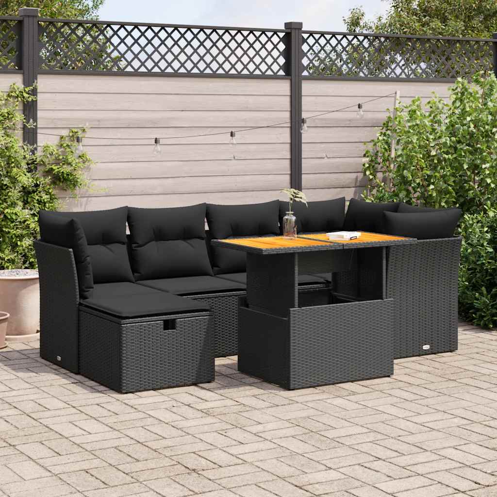 vidaXL 7-delige Loungeset met kussens poly rattan zwart