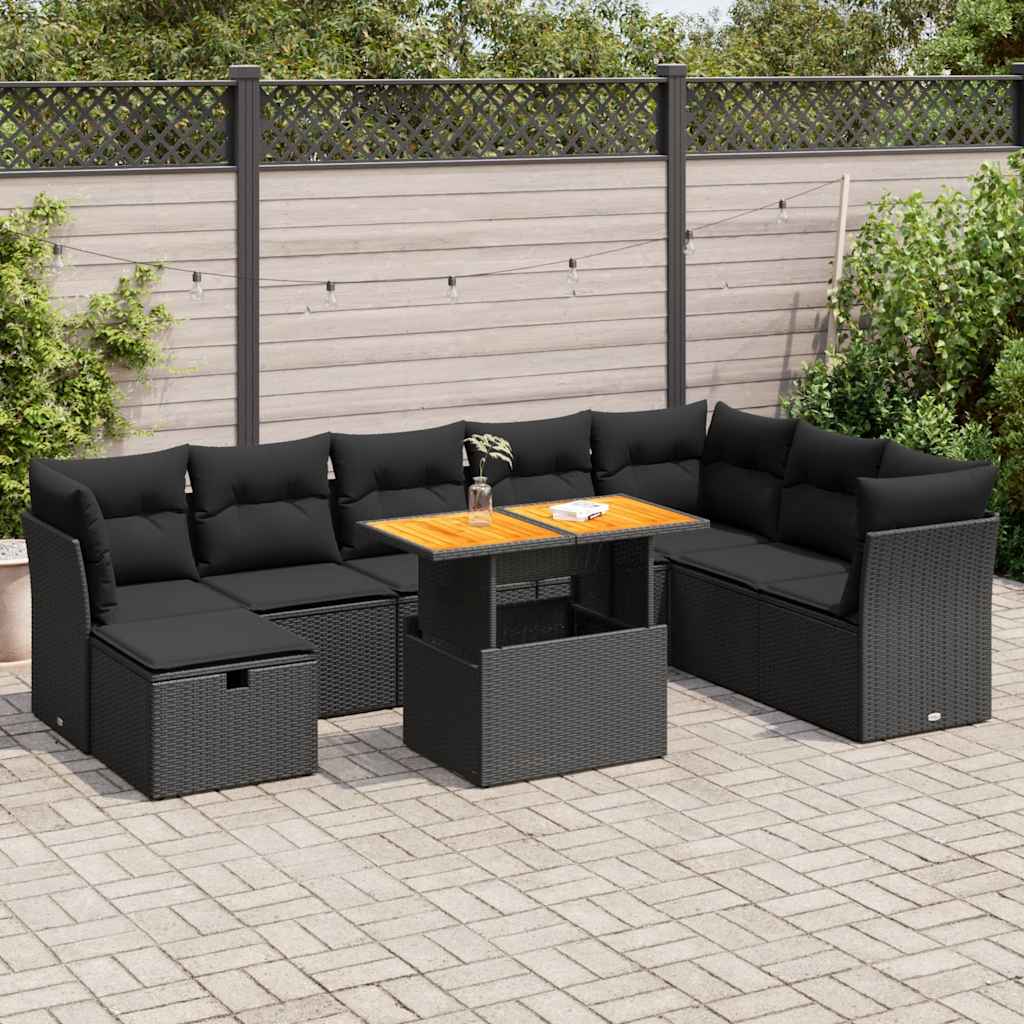 vidaXL 9-delige Loungeset met kussens poly rattan zwart