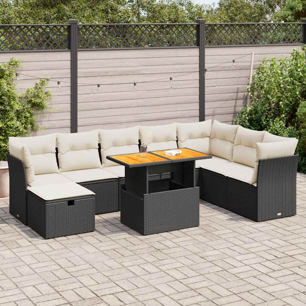 vidaXL 9-delige Loungeset met kussens poly rattan zwart
