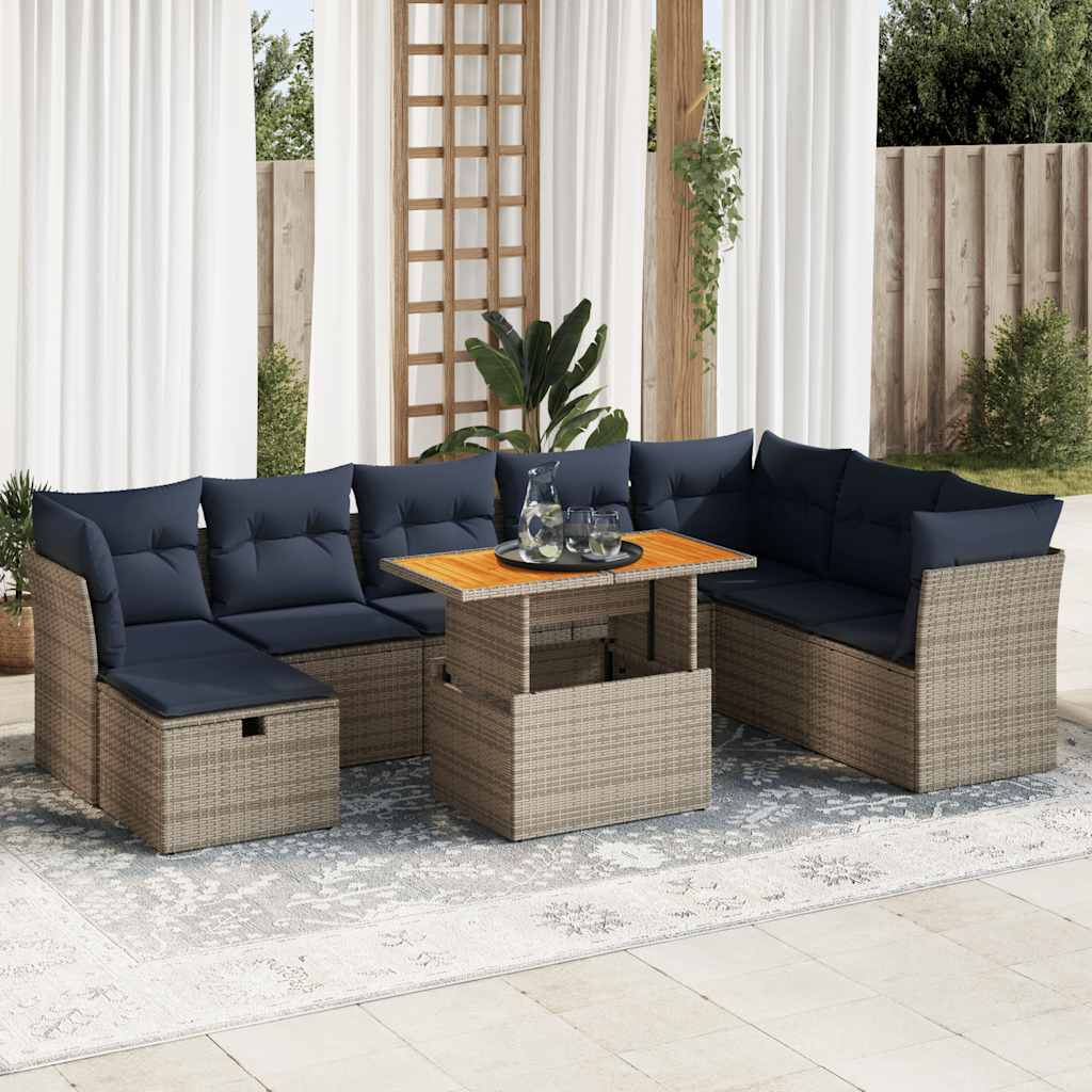 vidaXL 9-delige Loungeset met kussens poly rattan grijs