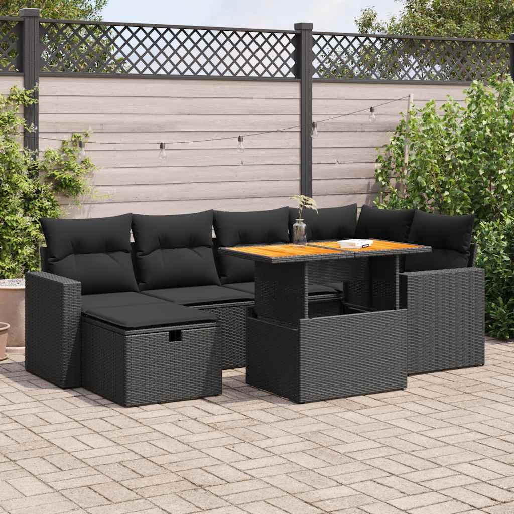 vidaXL 7-Piece Lounge Set with Cushions Poly Rattan Black