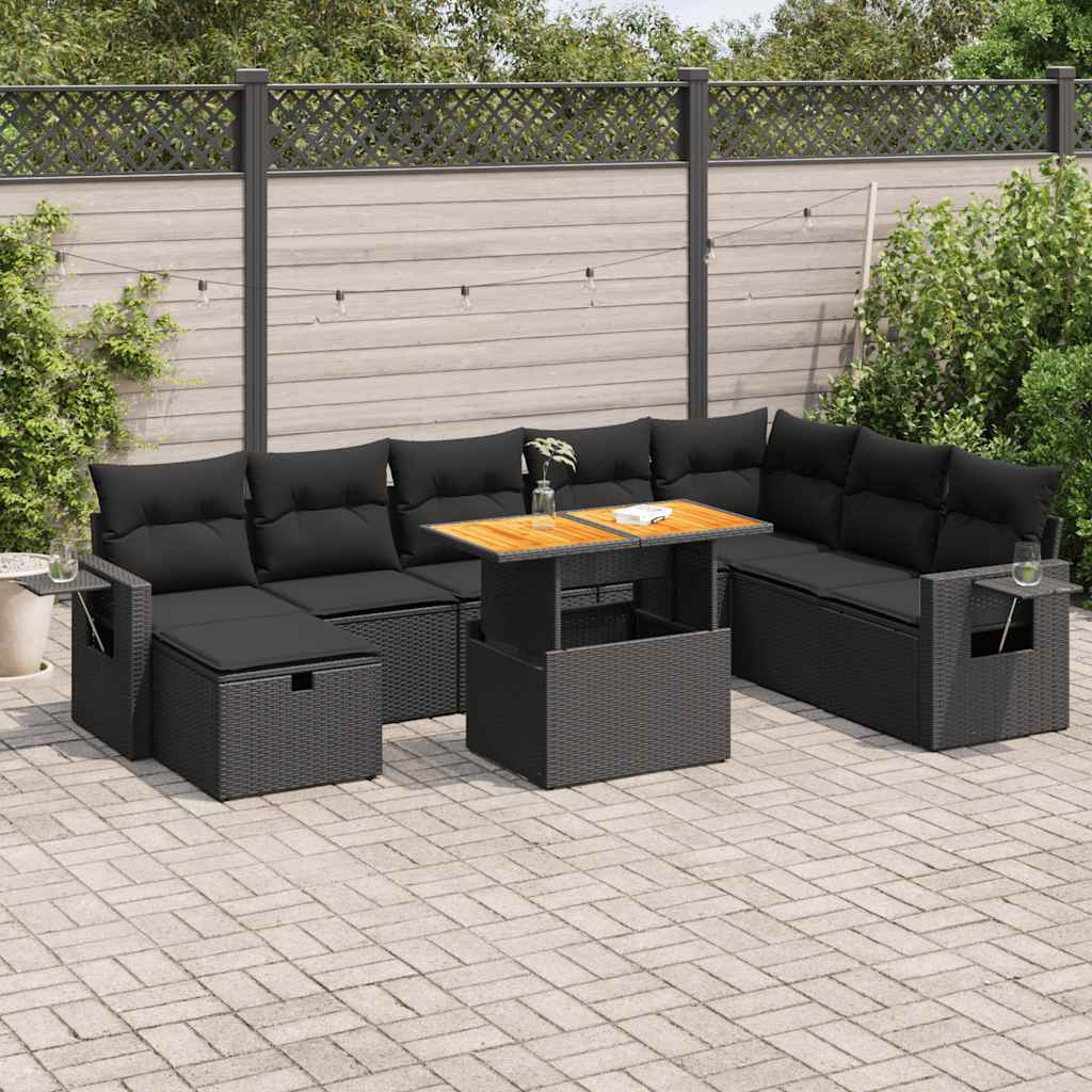 vidaXL 9-piece Poly Rattan Lounge Set with Cushions Black